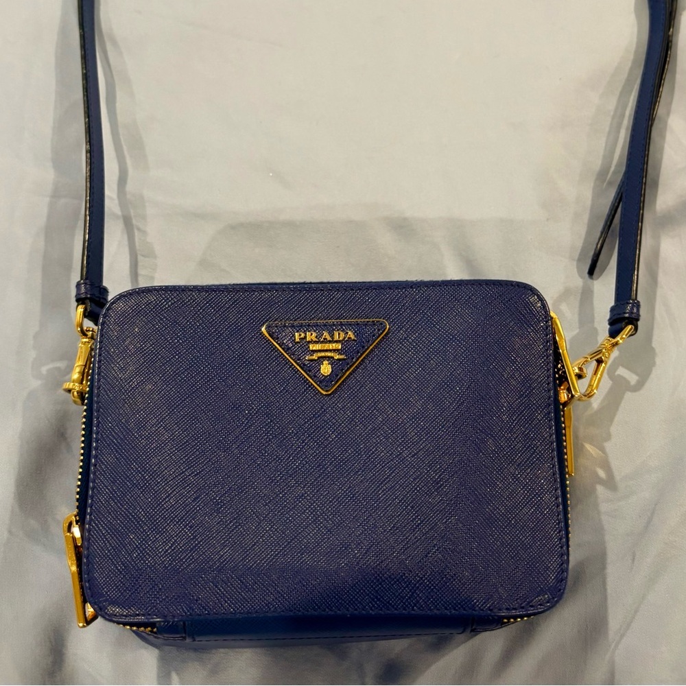 Prada navy saffiano leather double zip crossbody camera bag